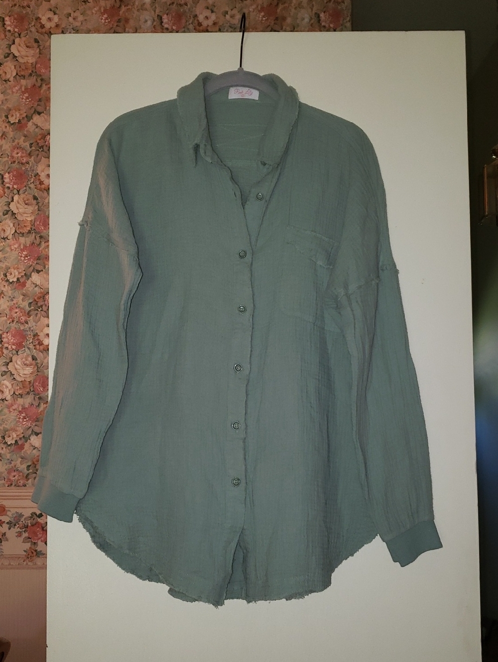 Sage Button Front Gauze Top